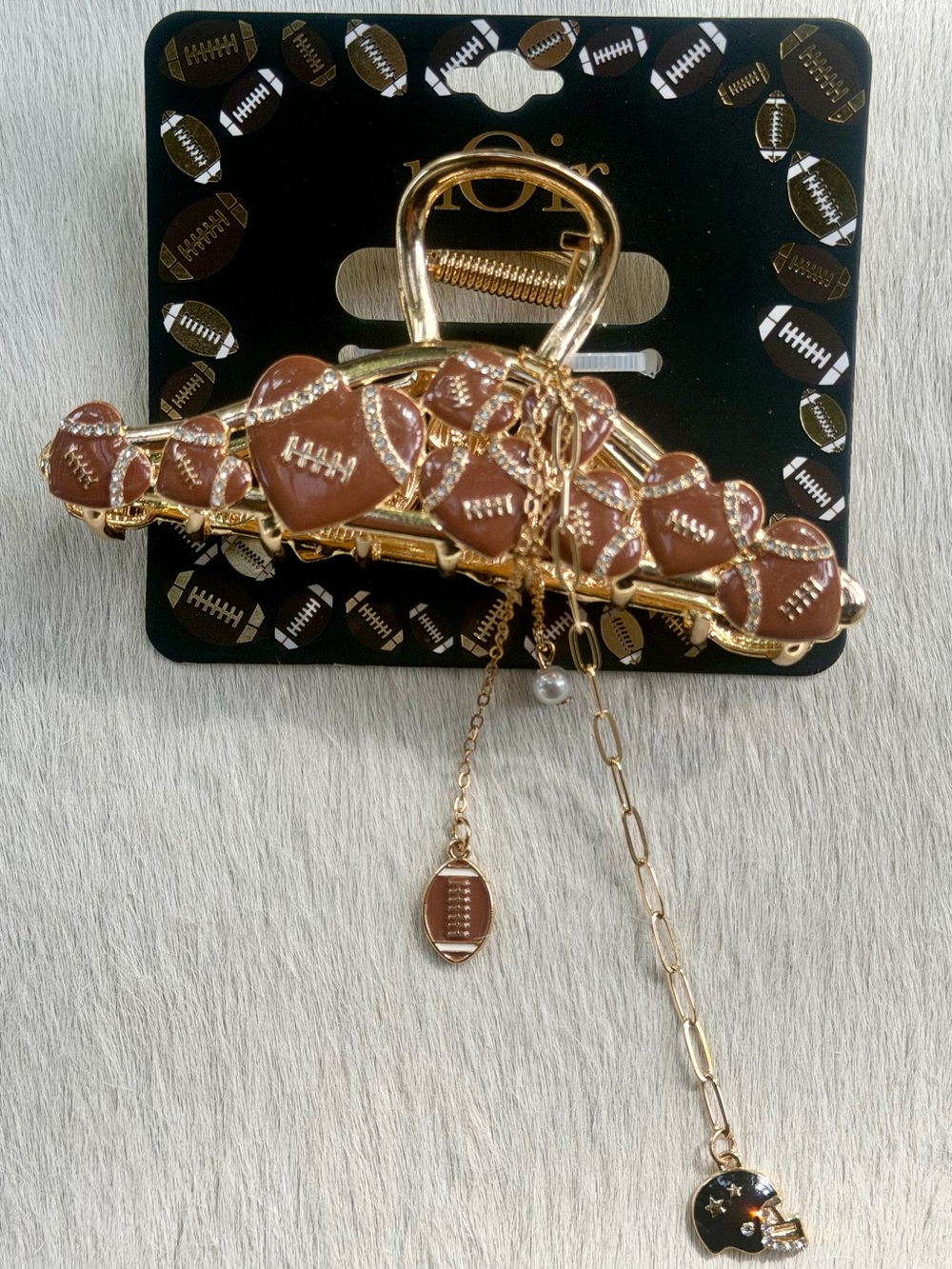 nOir Football Hair Clip Large Metal Claw Enamel Rhinestone Tassel Chain Charms